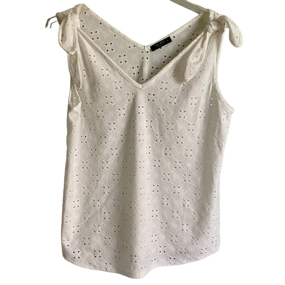 Ava James White Eyelet Sleeveless Top Ties at Shoulder Women's Medium NEW
